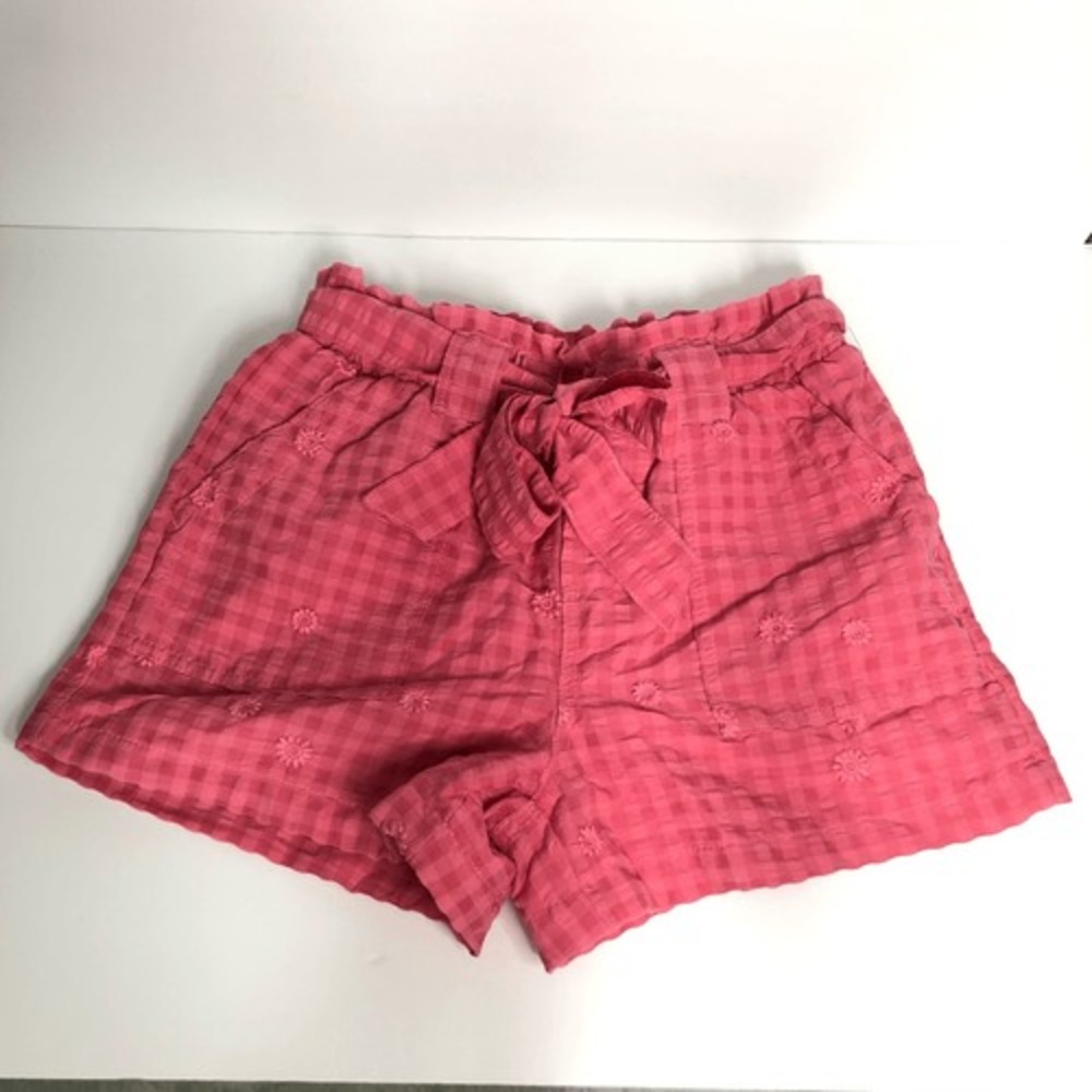 paper bag waist hight rise shorts womens xs pink seersucker embroidered accents